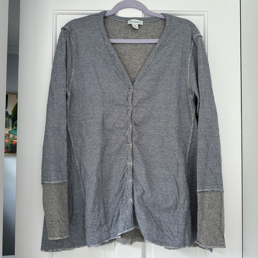 Sundance Navy White Gray Striped Nautical Coastal Grandma Cardigan in Size XS